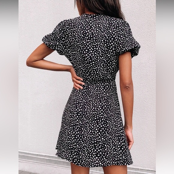 Lulu’s Your Favorite One Black Dot Print Puff Sleeve Wrap Mini Dress - Picture 4 of 9